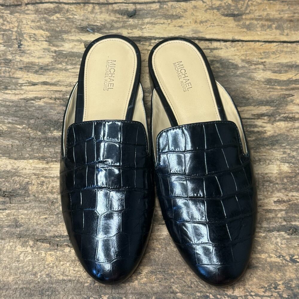 Michael Michael Kors Black Croc Embossed Leather Loafer Mules Size 7